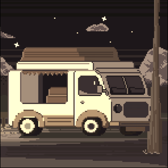 Пиксельный светлый фургон на ночной дороге