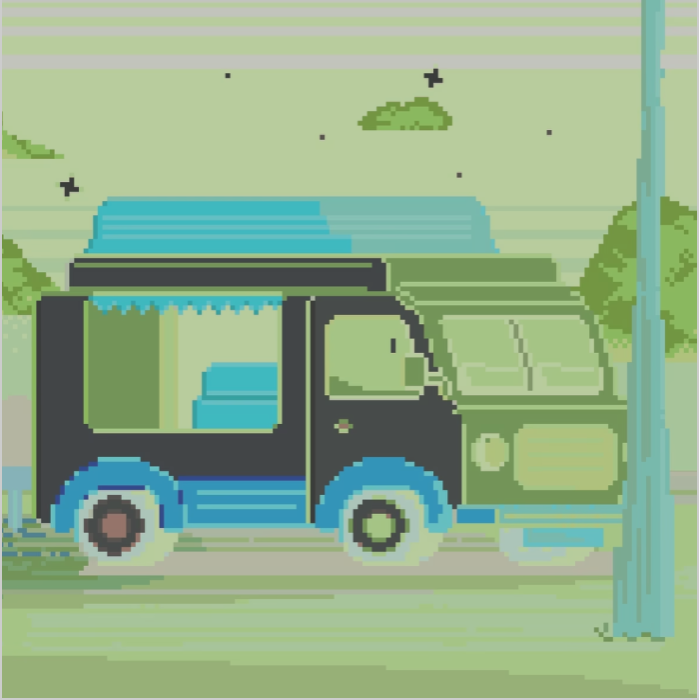 Тёмный пиксельный фургон на салатовом фоне