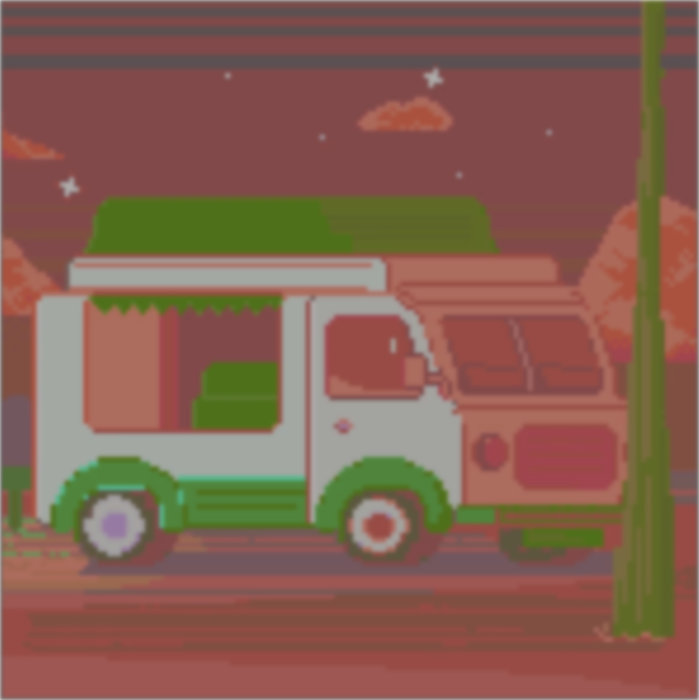 Светлый пиксельный фургон на розово-зелёном фоне