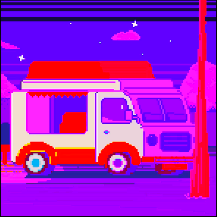 Яркий неоновый пиксельный фургон ночью