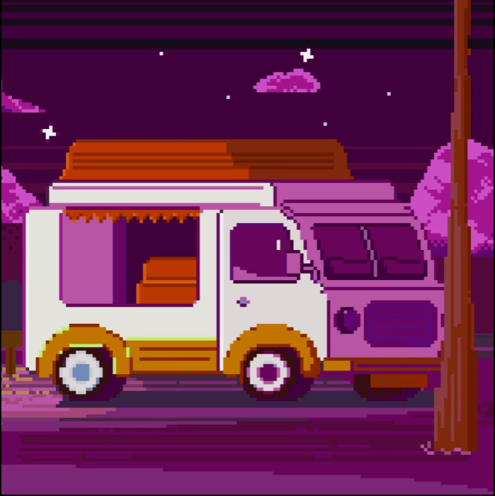 Фургон на фиолетовой дороге ночью